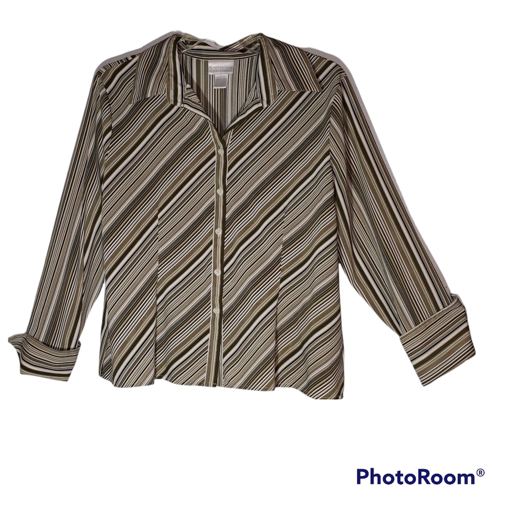 Worthington women's XL stretch geometric stripped print button up shirt. 469